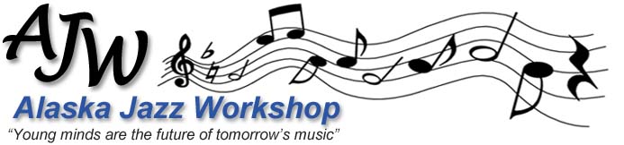 AJW with notes on staff flowing across the page and text "Alaska Jazz Workshop, Young minds are the future of tomorrow's music"